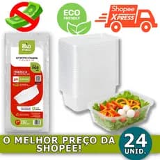 24 Pote de Marmita Retangular Com Tampa Descartável 500 ml
