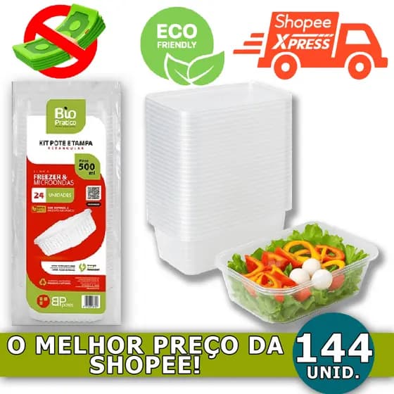144 Pote de Marmita Retangular Com Tampa Descartável 500 ml