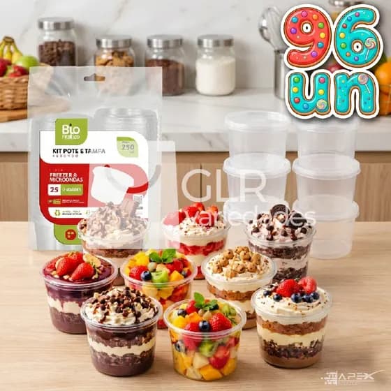 96 a 24 Pote Plástico Redondo 250ml Tampa Embalagem Bolo de Pote, Sorvete, Doce, Freezer Microondas