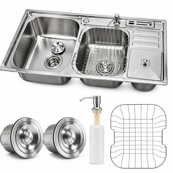 Cuba Dupla 92x45cm para Cozinha Gourmet em Inox 304 Dupla Cozinha Com Lixeira Pia Calha Umida Porta Facas