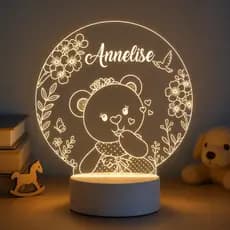 Luminária LED 3D Personalizada com nome Annelise – Abajur Infantil Decoração Quarto Bebê Ursinha