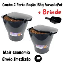 Kit com 2 Porta Ração Pote 15kg + Brinde Tampa Vedada Antiformiga 24h Cor Preto Liso Furacãopet