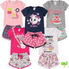 Kit com 10 Peças Blusa + Short Infantil Juvenil Feminino 1a14 Anos Confortável Soltinha Menina Primavera Verão Algodão