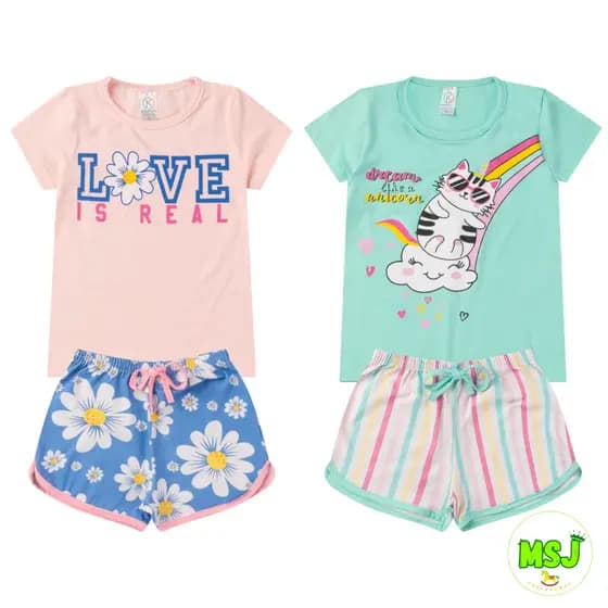 Kit 2 Conjuntos de Roupa Infantil Juvenil Feminino 1a14 Anos Blusa + Short Confortável Soltinha Menina Primavera Verão
