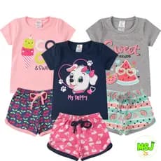 Kit 6 peças de Roupa Infantil Menina Feminino 1a14 Anos Blusa Short Confortável Soltinha Menina Primavera Verão Algodão