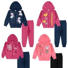 Kit 2 Conjuntos de Moletom Jaqueta Zíper + Calça Flanelada 4 Peças Menina Outono Inverno 1 a 16 anos