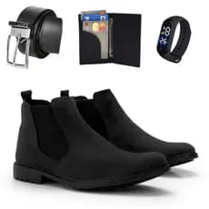 Kit Bota Masculina Casual de Couro Camurça Solado Confortável Botina com Elastico Ajustável + CInto Carteira e Relógio