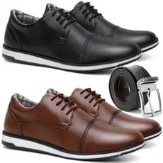 Kit 2 Pares Sapato Masculino Modelo Oxford Inglês Couro Confort Sola Macia Forro Xadrez Fechamento Cadarço + Cinto Couro