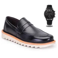 Mocassim Masculino de Couro Premium Solado Super Macio Confortável Tratorado Antiderrapante Sport Fino + Relógio