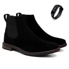 Bota Chelsea Masculina de Couro Camurça Super Confortável Macia Antiderrapante Botina Country Rodeio + Relógio