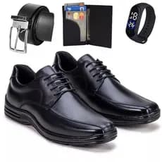 Sapato Masculino Social Ortopédico em Couro Legitimo Solado Confort Costurado Amarrar + Cinto Carteiro Relógio Digital