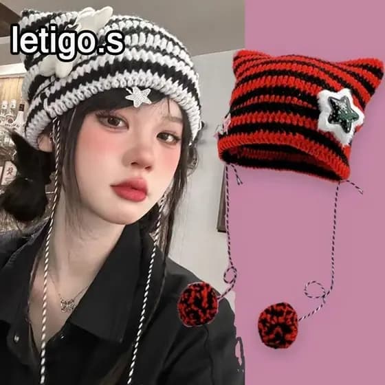 [LETIGO] Gorro Y2K , Chapéu Y2K Bonito Listrado Estrela Diabo , Chapéus Femininos Orelha Do Gato Outono Inverno