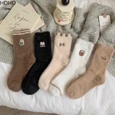 Meias De Veludo De Vison HDHD , Térmicas Antiderrapantes De Pelúcia Para Piso Fofas De Inverno Quentes E Grossas De Dese
