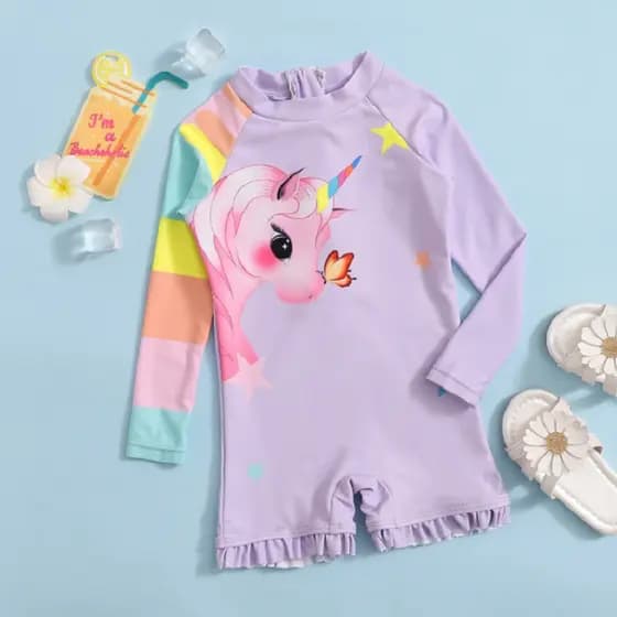 Novo Modelo 2026: Maiô Infantil de Manga Longa para Crianças Grandes, Estilo Unicórnio, Bonito e Moderno para Meninas