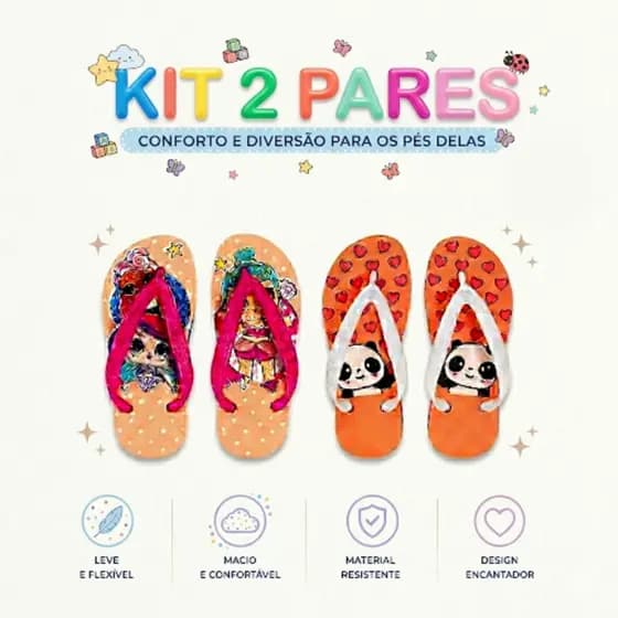 Kit  2 Pares de Chinelo Sortidos  Infantil Feminino Sortidos menina Barato e Confortáveis promoçao dia a dia