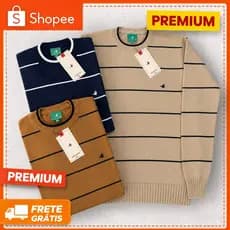 Suéter Masculino Premium Tricot Linha Luxo Brooksfield Listrado Gola Redonda Inverno Elegante Marinho Bege Caramelo