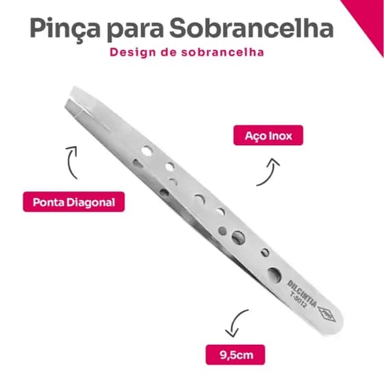 Pinça Sobrancelha Ponta Diagonal Estilizada Aço Inox Dilcintia