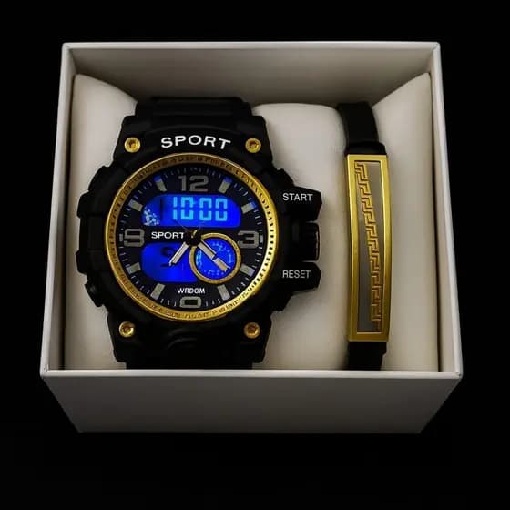 Combo relógio shok sport + caixa para presente + pulseira luxo ouro prata moda masculina