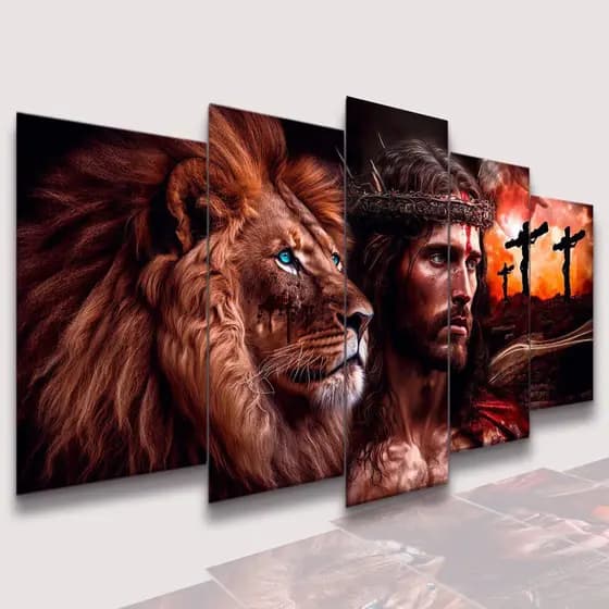 Conjunto Quadro Decorativo Mosaico Jesus Cristo Leão de Juda e o Cordeiro Kit de Quadros Decorativos Conjunto Kit de Quadros Decorativos