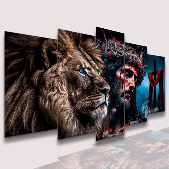 Conjunto Quadro Decorativo Mosaico Jesus Cristo Leão de Juda e Leoa Frase Motivacional Kit de Quadros Decorativos Conjunto Kit de Quadros