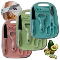 Kit Facas Tesoura Descascador Tábua Coloridos de Cozinha Aço Inoxidável 04 Peças