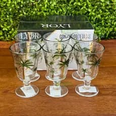 Jogo 6 Taças 240ml Vidro Palm Tree Coqueiros Drink Vinho Alto Piscina Moderna Palmeira Requintada Água Suco Refrigerante