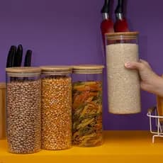 Kit 4 Potes em Vidro e Bambu Hermético Oikos 1650ml com Tampa Redondos Porta Condimentos Luxo Grãos Organizador 1,65L
