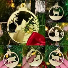 Kit Natal 6 Enfeites de Gato em Acrílico Dourado Espelhado Decoração Elegante para Árvore Moderna