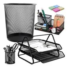 Kit Escritório Lixeira Porta Caneta Carta Papel Suporte 2 Bandejas Treco Home Office Elegante