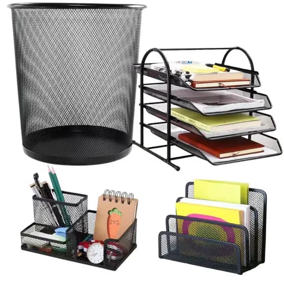 Kit Escritório Lixeira 4 Organizadores Porta Caneta Carta Papel Suporte 4 Bandejas Treco Home Office