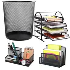 Kit Escritório Lixeira 4 Organizadores Porta Caneta Carta Papel Suporte 4 Bandejas Treco Home Office