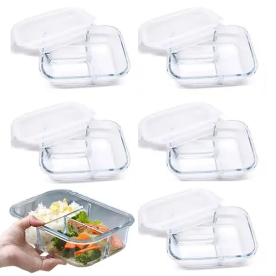 Conjunto Kit 5 Potes de Vidro Com Tampa Hermética 3 Divisórias 1 Litro Marmita Fitness Retangular