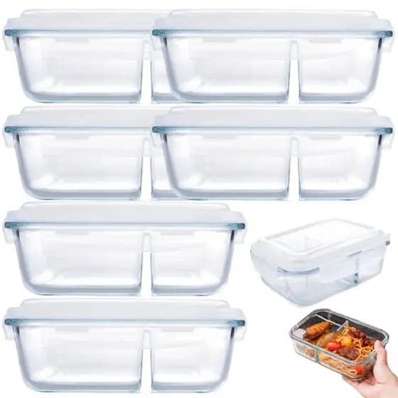 Conjunto Kit 6 Potes de Vidro Com Tampa Hermética 2 Divisórias 1 Litro Marmita Fitness Retangular