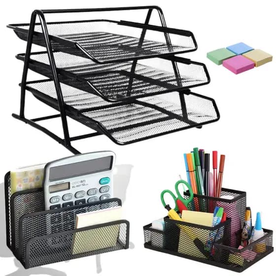 Kit 3 Organizadores de Mesa Escritório Porta Caneta Papel Carta Suporte 3 Bandejas Treco Home Office