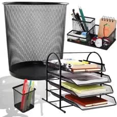Kit Escritório Lixeira Porta Caneta Carta Papel Suporte 3 Bandejas Treco Home Office Elegante