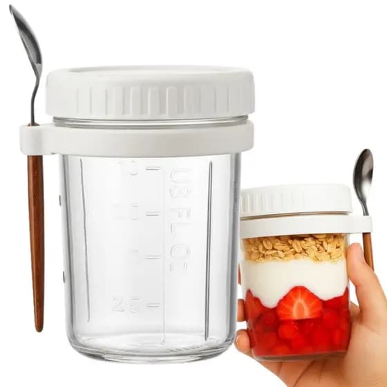 Copo De Vidro 350ml Tampa E Colher Iogurte Frutas Saudável Fitness Hermético