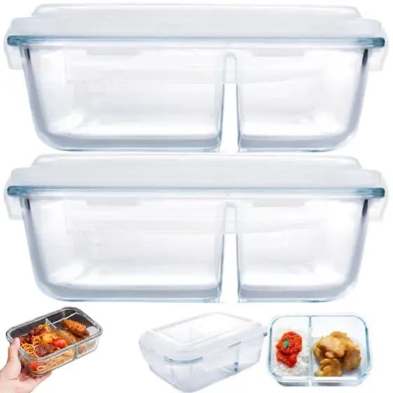 Conjunto Kit 2 Potes de Vidro Com Tampa Hermética 2 Divisórias 1 Litro Marmita Fitness Retangular