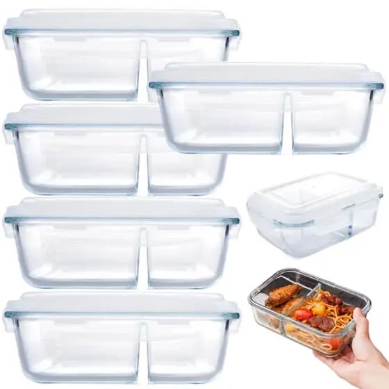 Conjunto Kit 5 Potes de Vidro Com Tampa Hermética com 2 Divisória 1 Litro Marmita Fitness Retangular