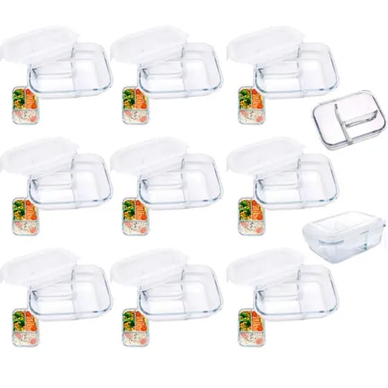 Conjunto Kit 12 Potes de Vidro Com Tampa Hermética 3 Divisórias 1 Litro Marmita Fitness Retangular