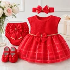 Vestido Renda luxo Kit 4 Peças 0 a 12 Meses Calcinha Bunda Rica+Laço+Sapatinho Festa Batizado Aniversário Natal Ano novo