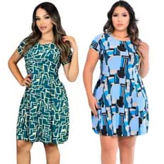 Vestido Feminino Curto Gola Redonda e Manga Curta Saia Evasê Estampado em Liganete