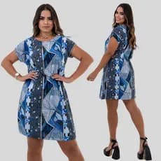 Vestido Feminino Estampado Elástico na Cintura Manga Curta Midi Malha Fria Soltinho