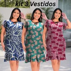 Kit 3 Vestido Feminino Ponteira Estampado Decote Gota e Manga Curta Babado Godê Elegante