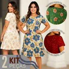Kit 2 Vestido Feminino Midi Godê Malha Modelo Estampado Sortido Moda Casual Confortável