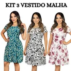 Kit 3 Vestido Feminino Curto Estampado em Malha Fria Leve Confortável Tecido Fresquinho