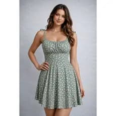 Vestido Feminino Curto Floral Alças com Laço Rodado Acinturado Casual Verão Moda Feminina