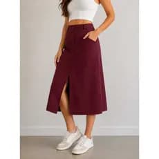 Saia Midi Feminina Alfaiataria com Fenda Frontal e Bolsos Cintura Alta Elegante Casual
