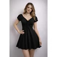 Vestido Curto Feminino manga Bufante Decote Ajustável Franzido-Cintura Elastex