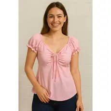 Blusa Feminina em Cepinho Liso Estilo Princesa - Decote Franzido e Manga Bufante