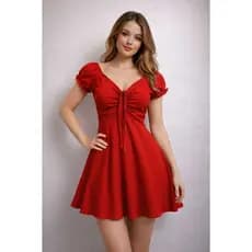 Vestido Curto Feminino Rodado Manga Bufante Decote V -Ajustável Elegante Casual Verão